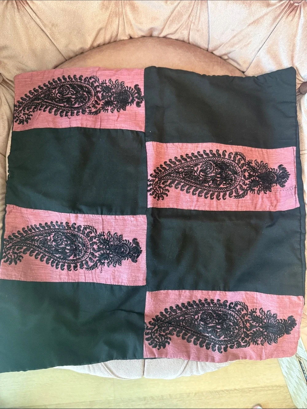 NWOT Embroidered Black and Mauve Patchwork Pillow Cover